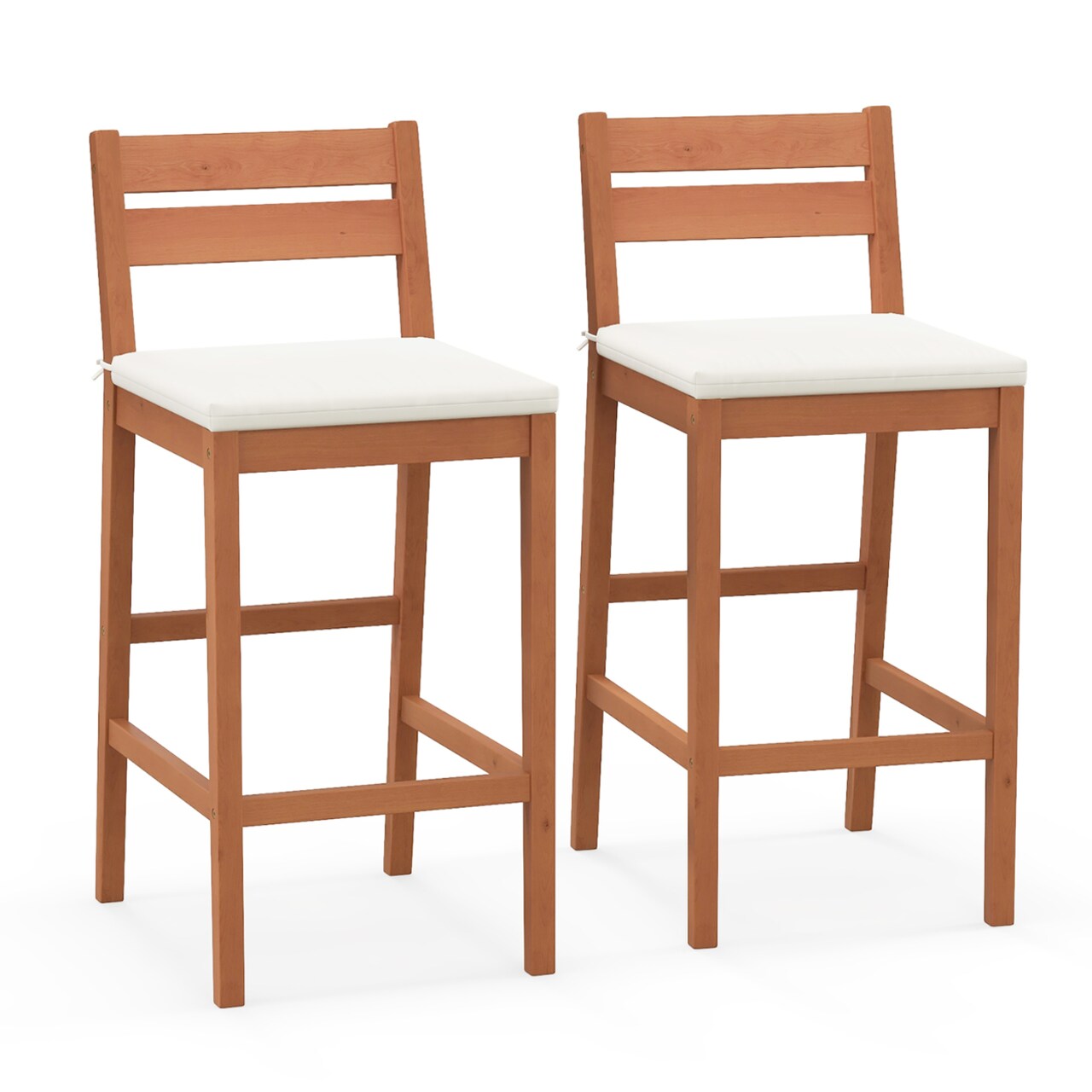 Patio Eucalyptus Wood Bar Stools Set Of 2 Outdoor Bar Height Patio Chairs W/ Cushions